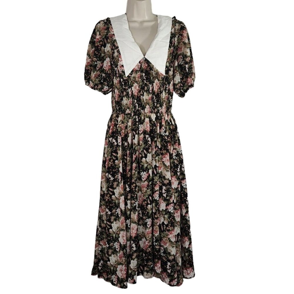 En Saison Dark Floral Collar Smocked Dress Cottage Size M Short Sleeve Prairie - Picture 2 of 9